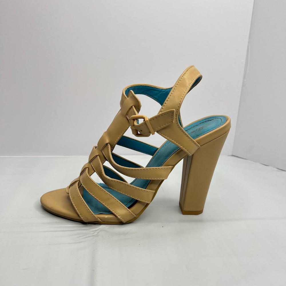 Promise Block Heel Sandals 8.5 Beige Tan‎ Strappy Gladiator Buckle